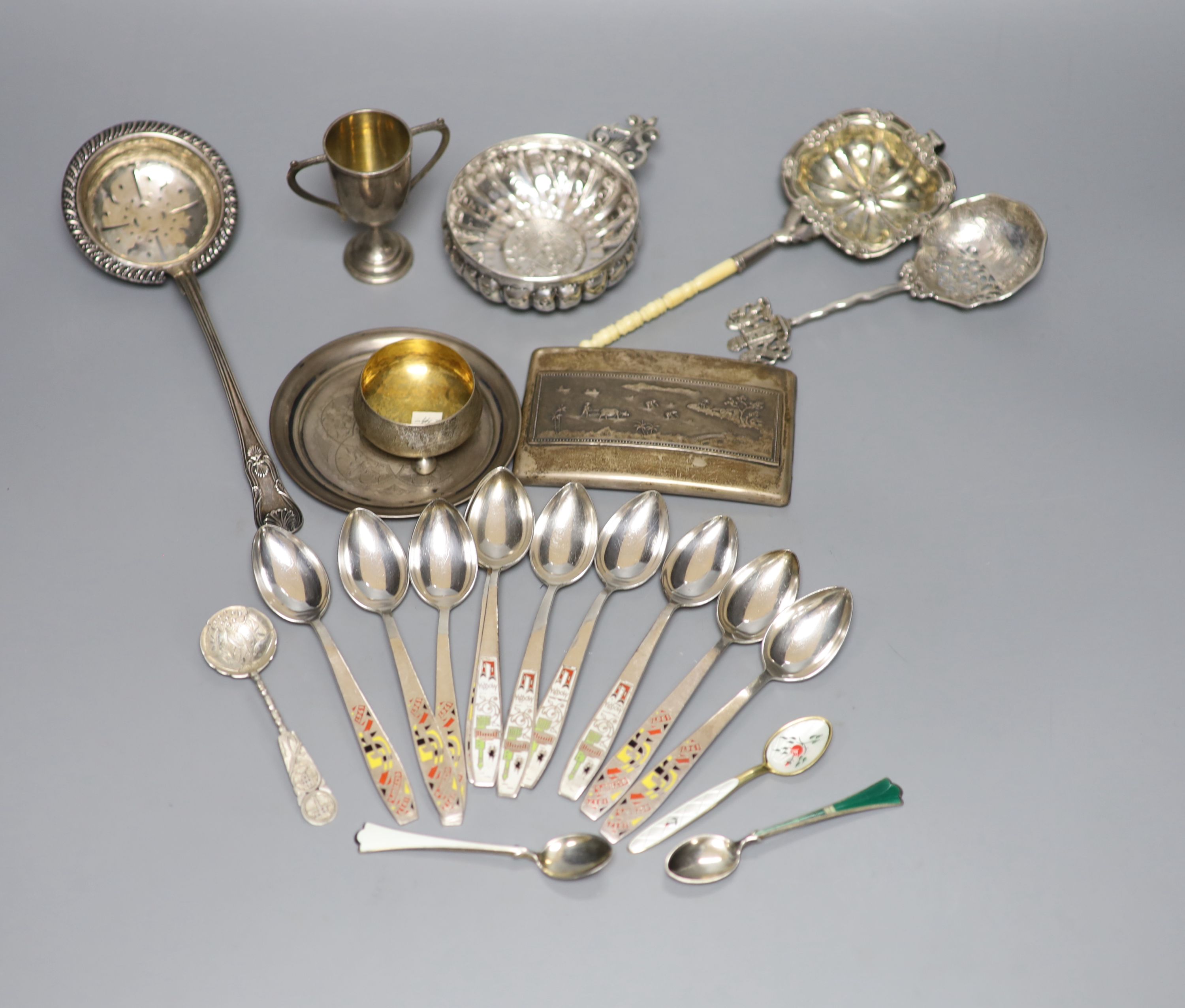 A George V silver sifter spoon and a quantity of assorted white metal items, including a Tiffany & Co sterling salt, a Swedish sifter ladle, sterling & enamel coffee spoons, etc.